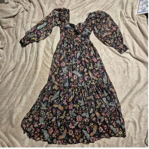 Angie Floral Bird Metallic Stripe Maxi Dress Black Gold Boho Puff Sleeve XS